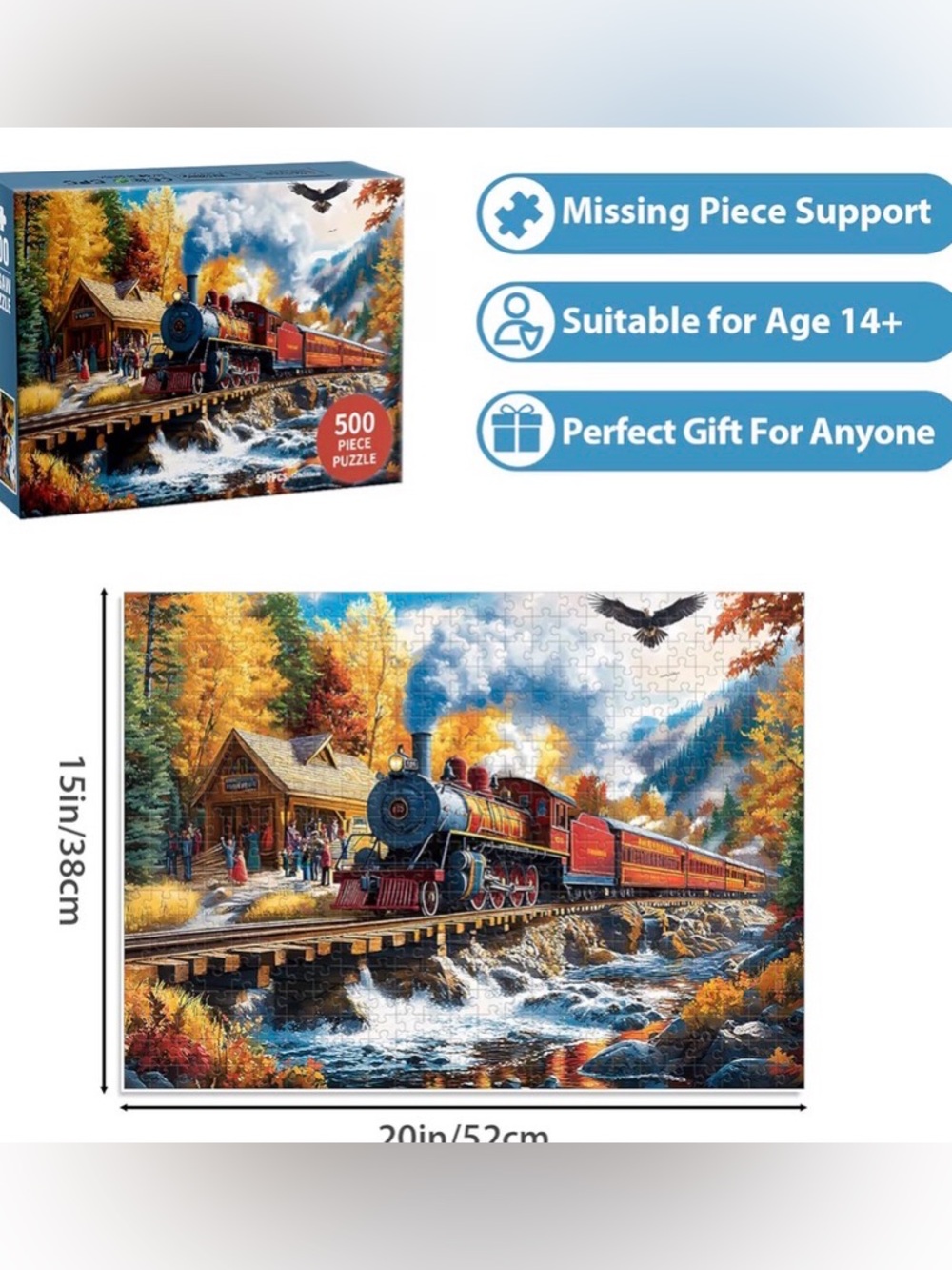 500-Piece Fall Train Jigsaw Puzzle – Orange Red & Blue Scenic Locomotive - Picture 4 of 4